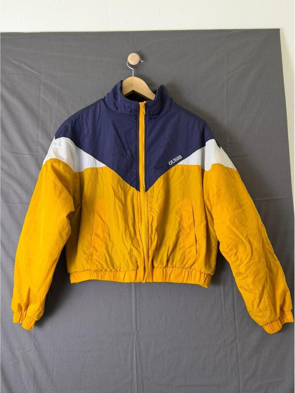 GUESS Colorblock Windbreaker – Men’s L, Navy/White/Yellow Retro Jacket, Fleece‑L